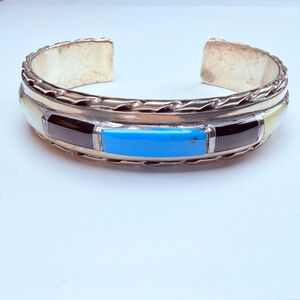 Old Pawn Navajo Heavy Sterling Silver Turquoise Onyx MOP Vintage Cuff Bracelet